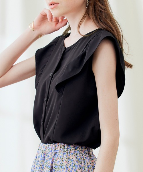 PURIL(ピュリル)の「【PURIL】2WAY仕様 フリルノースリーブブラウス(シャツ/ブラウス・レディース・ブラック/アイボリー/ストライプ・S/M)」の12枚目の写真