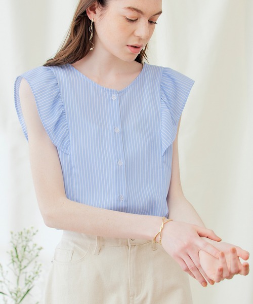 PURIL(ピュリル)の「【PURIL】2WAY仕様 フリルノースリーブブラウス(シャツ/ブラウス・レディース・ブラック/アイボリー/ストライプ・S/M)」の21枚目の写真