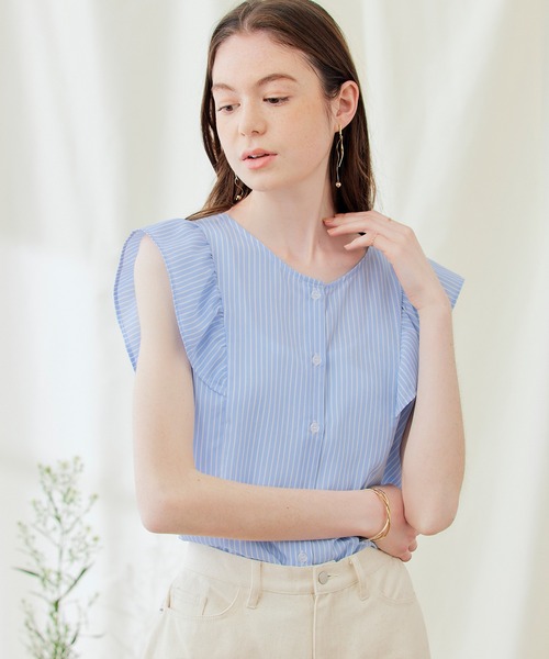 PURIL(ピュリル)の「【PURIL】2WAY仕様 フリルノースリーブブラウス(シャツ/ブラウス・レディース・ブラック/アイボリー/ストライプ・S/M)」の22枚目の写真