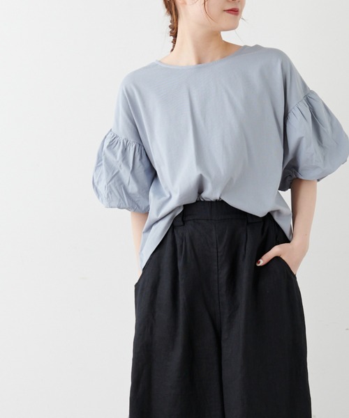 PUAL CE CIN（ピュアルセシン）の「シルケット風天竺袖ボリュームショートスリーブ（Tシャツ/カットソー・レディース・ピンク/ブルー/アイボリー/スミクロ・FREE）」の3枚目の写真