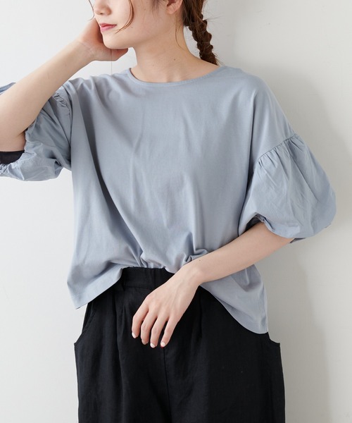 PUAL CE CIN（ピュアルセシン）の「シルケット風天竺袖ボリュームショートスリーブ（Tシャツ/カットソー・レディース・ピンク/ブルー/アイボリー/スミクロ・FREE）」の6枚目の写真