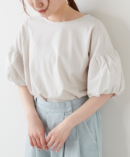 PUAL CE CIN（ピュアルセシン）の「シルケット風天竺袖ボリュームショートスリーブ（Tシャツ/カットソー・レディース・ピンク/ブルー/アイボリー/スミクロ・FREE）」の13枚目の写真