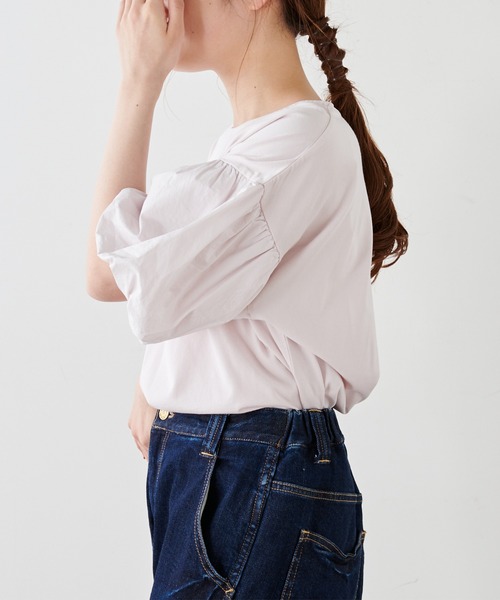 PUAL CE CIN（ピュアルセシン）の「シルケット風天竺袖ボリュームショートスリーブ（Tシャツ/カットソー・レディース・ピンク/ブルー/アイボリー/スミクロ・FREE）」の14枚目の写真