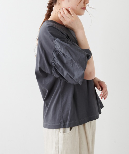 PUAL CE CIN（ピュアルセシン）の「シルケット風天竺袖ボリュームショートスリーブ（Tシャツ/カットソー・レディース・ピンク/ブルー/アイボリー/スミクロ・FREE）」の7枚目の写真