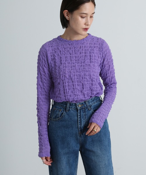 select MOCA（セレクトモカ）の「2021 AW プチハイネックランダムチェックトップス（Tシャツ/カットソー・レディース・ブラック/パープル/アイボリー/ライトオリーブ・FREE）」の4枚目の写真