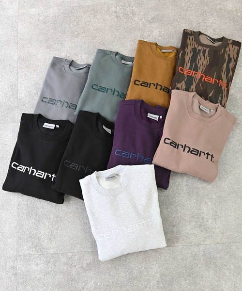 Carhartt WIP（カーハートダブリューアイピー）の「Carhartt WIP カーハート ワークインプログレス スクリプト刺繍ロゴ スウェット トレーナー（スウェット・メンズ・パープル/ブラウン/ピンク/グリーン/カモフラージュ/ブラック×ホワイト/ブラック×ブラック/グレー系その他/グレイッシュベージュ/ブルー系その他・S/M/L/XL）」の14枚目の写真