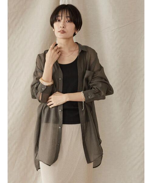 AMERICAN HOLIC（アメリカンホリック）の「シアーWポケットシャツ（シャツ/ブラウス・レディース・チャコールグレー/ライトグレー/キャメル/ストライプ・M/L）」の18枚目の写真