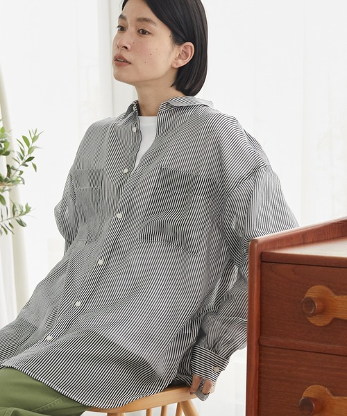 AMERICAN HOLIC（アメリカンホリック）の「シアーWポケットシャツ（シャツ/ブラウス・レディース・チャコールグレー/ライトグレー/キャメル/ストライプ・M/L）」の4枚目の写真