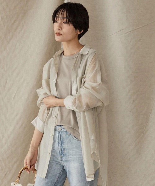 AMERICAN HOLIC（アメリカンホリック）の「シアーWポケットシャツ（シャツ/ブラウス・レディース・チャコールグレー/ライトグレー/キャメル/ストライプ・M/L）」の3枚目の写真