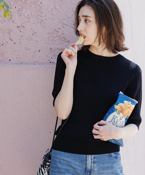 OPAQUE.CLIP（オペークドットクリップ）の「◆ケーブル編みニット【エクストラファインオーガニックコットン/WEB限定カラー・サイズ】（ニット/セーター・レディース・ブラック/グリーン/ホワイト系その他3/ホワイト系/ブルー/ブラウン系その他5/オレンジ・40/42/34/38/36）」の13枚目の写真