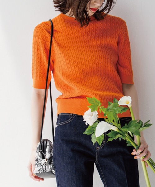 OPAQUE.CLIP（オペークドットクリップ）の「◆ケーブル編みニット【エクストラファインオーガニックコットン/WEB限定カラー・サイズ】（ニット/セーター・レディース・ブラック/グリーン/ホワイト系その他3/ホワイト系/ブルー/ブラウン系その他5/オレンジ・40/42/34/38/36）」の7枚目の写真