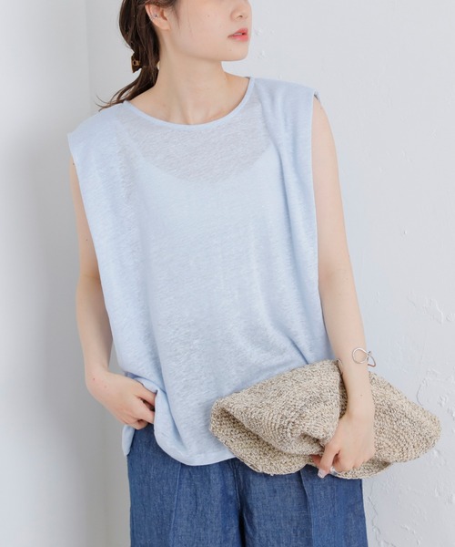 PUAL CE CIN(ピュアルセシン)の「ラミーリネン天竺カットソーノースリーブ(Tシャツ/カットソー・レディース・ホワイト/ブラック/グレー/ブルー・FREE)」の1枚目の写真