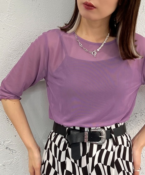 apres jour mignon(アプレジュールミニョン)の「クルーネックシアーインナー【ZOZOTOWN限定アイテム】(Tシャツ/カットソー・レディース・ピンク/オレンジ/パープル/ライトグレー/グリーン/ライトブルー/ブラック・X-LARGE/フリー)」の5枚目の写真