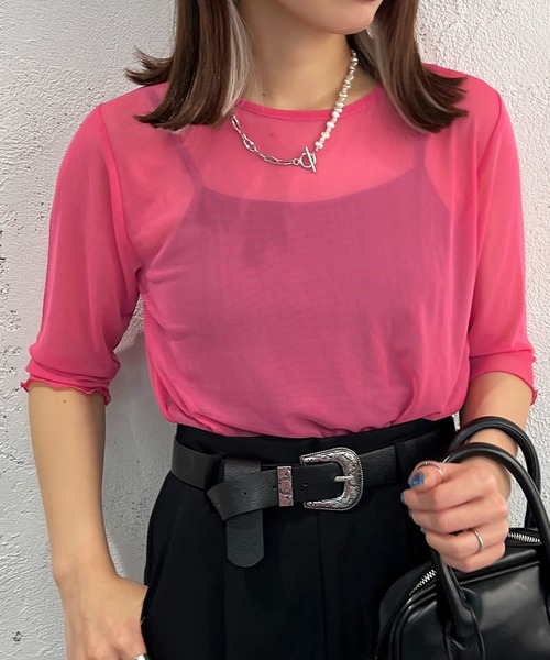 apres jour mignon(アプレジュールミニョン)の「クルーネックシアーインナー【ZOZOTOWN限定アイテム】(Tシャツ/カットソー・レディース・ピンク/オレンジ/パープル/ライトグレー/グリーン/ライトブルー/ブラック・X-LARGE/フリー)」の6枚目の写真