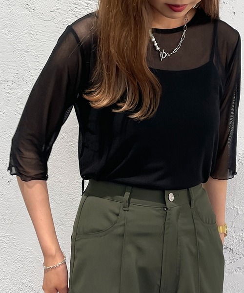 apres jour mignon(アプレジュールミニョン)の「クルーネックシアーインナー【ZOZOTOWN限定アイテム】(Tシャツ/カットソー・レディース・ピンク/オレンジ/パープル/ライトグレー/グリーン/ライトブルー/ブラック・X-LARGE/フリー)」の9枚目の写真