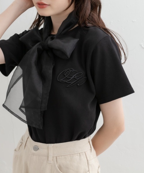 OLIVE des OLIVE（オリーブデオリーブ）の「オーガンジーリボン付Ｔシャツ（Tシャツ/カットソー・レディース・ブラック/オフホワイト/サックスブルー・FREE）」の3枚目の写真