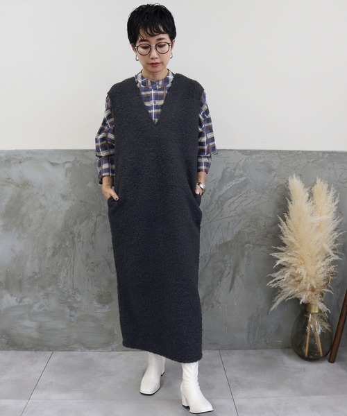 DONOBAN（ドノバン）の「フェイクウールVネックワンピース（ワンピース・レディース・グレー系その他/ブラック/カーキ・F）」の4枚目の写真