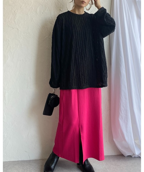 She's Closet(シーズクローゼット)の「サイドスリット入りポンチロングナロースカート(スカート・レディース・ブラック/パープル/ピンク/グリーン/マスタード/グレイッシュベージュ/テラコッタ・FREE)」の9枚目の写真