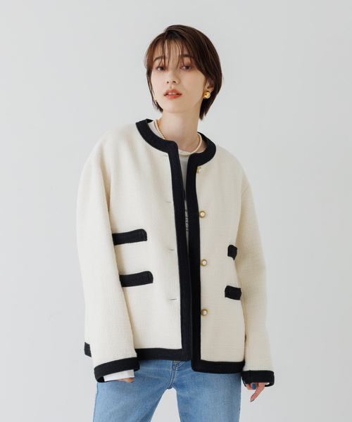 Rouge vif(ルージュヴィフ)の「ツィードジャケット(ノーカラージャケット・レディース・ホワイト/ブラック・フリー)」の6枚目の写真