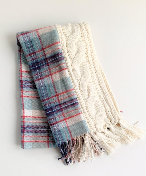 Q(キュー)の「ケーブル切替チェックストール(ストール/ショール・レディース・ホワイト系その他/ブラック系その他・MEDIUM)」の1枚目の写真