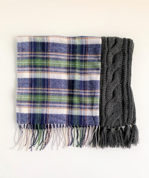 Q(キュー)の「ケーブル切替チェックストール(ストール/ショール・レディース・ホワイト系その他/ブラック系その他・MEDIUM)」の2枚目の写真