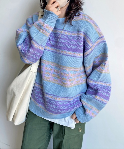 CPCM(シーピーシーエム)の「柄ボーダーニットプルオーバー(ニット/セーター・レディース・ベージュ/アイボリー/サックスブルー・FREE)」の1枚目の写真