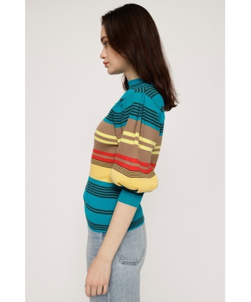 【セール】MULTI BORDER H/S HG TOPS マルチボーダー ハーフスリーブ ハイゲージトップス ニットトップス 五分袖（ニット/セーター）｜SLY（スライ）