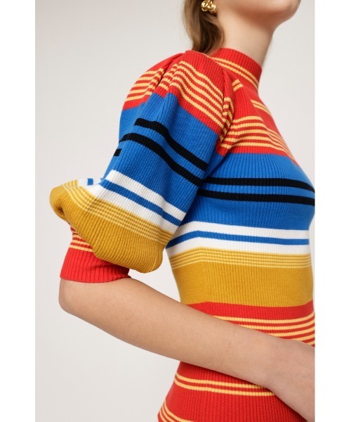 【セール】MULTI BORDER H/S HG TOPS マルチボーダー ハーフスリーブ ハイゲージトップス ニットトップス 五分袖（ニット/セーター）｜SLY（スライ）