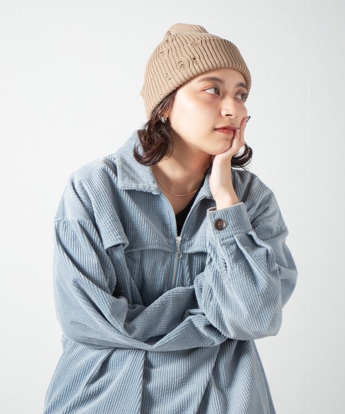 RACAL(ラカル)の「Ripped Cotton Knit Watch / ダメージ加工風編み柄ニットワッチ(ニットキャップ/ビーニー・レディース・ブラック/グレー/ブルー/ピンク/ベージュ/アイボリー・FREE)」の2枚目の写真