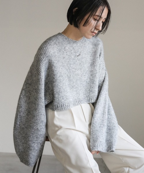 select MOCA(セレクトモカ)の「ウールライクショートニット(ニット/セーター・レディース・ベージュ/グレー/チャコールグレー・FREE)」の1枚目の写真