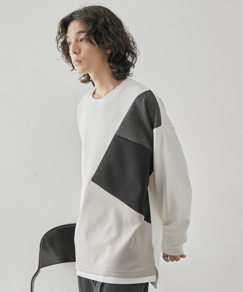 JUNRED（ジュンレッド）の「ブロッキングフェイクレイヤードプルオーバー（Tシャツ/カットソー・メンズ・ホワイト/ベージュ系その他/ブラック・M/L/LL）」の7枚目の写真