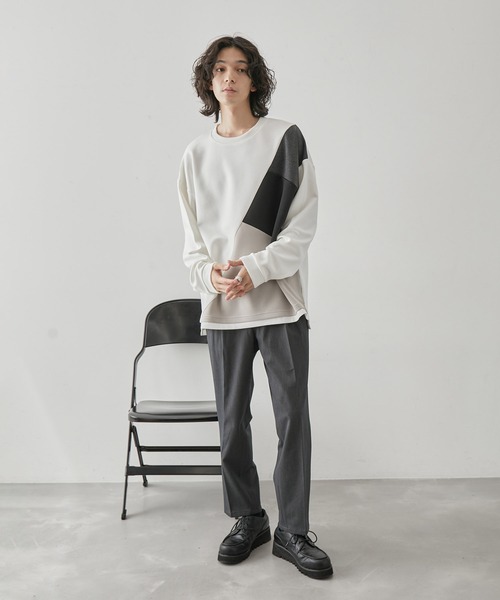 JUNRED（ジュンレッド）の「ブロッキングフェイクレイヤードプルオーバー（Tシャツ/カットソー・メンズ・ホワイト/ベージュ系その他/ブラック・M/L/LL）」の13枚目の写真