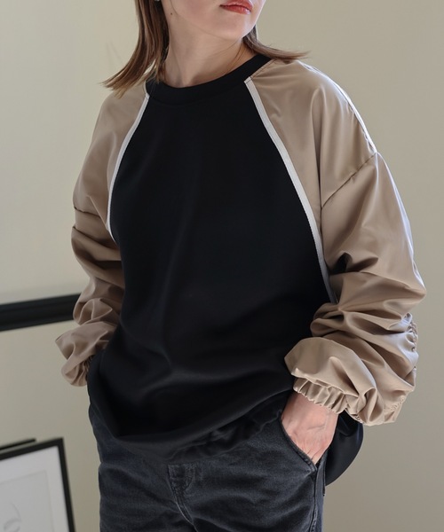ULEULA(ウルア)の「ボリュームスリーブラインハイブリットスウェット(Tシャツ/カットソー・レディース・アイボリー/ブラック・FREE)」の2枚目の写真