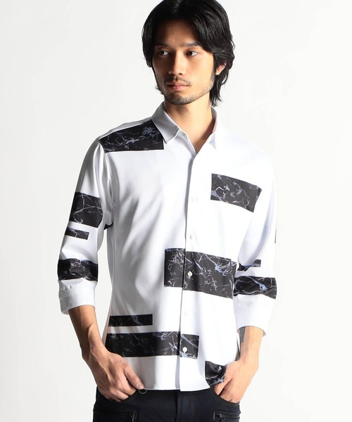 HIDEAWAYS NICOLE（ハイダウェイニコル）の「ハイストレッチポンチ　パーツプリントシャツ（シャツ/ブラウス・メンズ・ネイビー/ホワイト×ブラック・MEDIUM/LARGE/X-LARGE）」の2枚目の写真