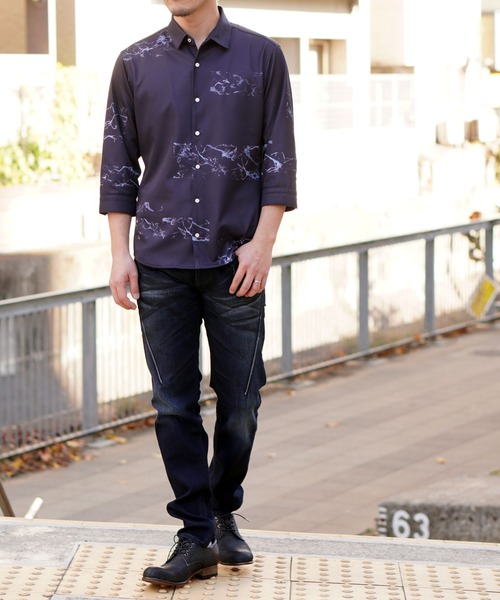 HIDEAWAYS NICOLE（ハイダウェイニコル）の「ハイストレッチポンチ　パーツプリントシャツ（シャツ/ブラウス・メンズ・ネイビー/ホワイト×ブラック・MEDIUM/LARGE/X-LARGE）」の15枚目の写真