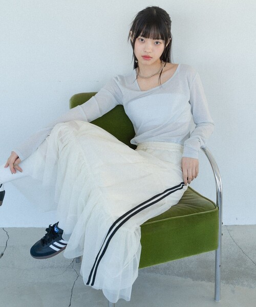 PUBLUX（パブリュクス）の「PUBLUX/パブリュクス ライン入りティアードチュールスカート　限定展開（スカート・レディース・ネイビー/ブラック/ホワイト・ﾌﾘ-）」の4枚目の写真