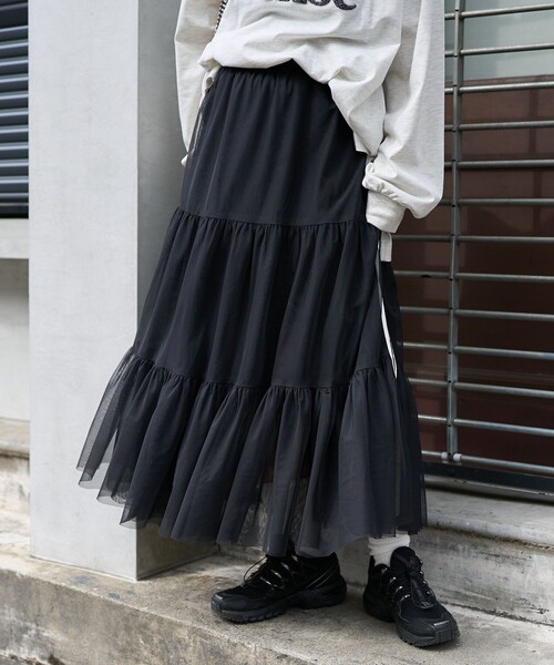PUBLUX（パブリュクス）の「PUBLUX/パブリュクス ライン入りティアードチュールスカート　限定展開（スカート・レディース・ネイビー/ブラック/ホワイト・ﾌﾘ-）」の11枚目の写真