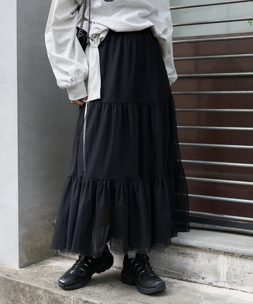 PUBLUX（パブリュクス）の「PUBLUX/パブリュクス ライン入りティアードチュールスカート　限定展開（スカート・レディース・ネイビー/ブラック/ホワイト・ﾌﾘ-）」の15枚目の写真