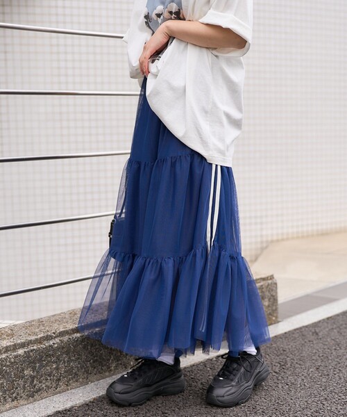 PUBLUX（パブリュクス）の「PUBLUX/パブリュクス ライン入りティアードチュールスカート　限定展開（スカート・レディース・ネイビー/ブラック/ホワイト・ﾌﾘ-）」の18枚目の写真