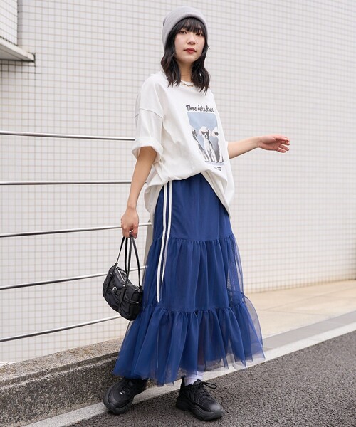 PUBLUX（パブリュクス）の「PUBLUX/パブリュクス ライン入りティアードチュールスカート　限定展開（スカート・レディース・ネイビー/ブラック/ホワイト・ﾌﾘ-）」の21枚目の写真