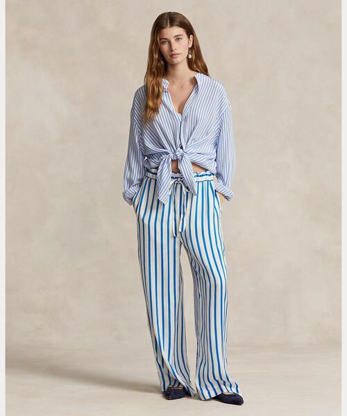 セール】ストライプド シルク ワイドレッグ パンツ（その他パンツ  