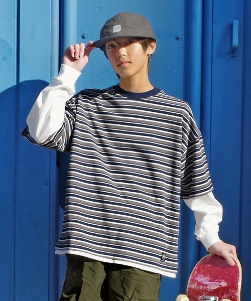 GLAZOS（グラソス）の「袖レイヤードボーダー長袖Tシャツ（Tシャツ/カットソー・キッズ・グレー/ブルー/ブラック・170cm/160cm/140cm/150cm）」の3枚目の写真