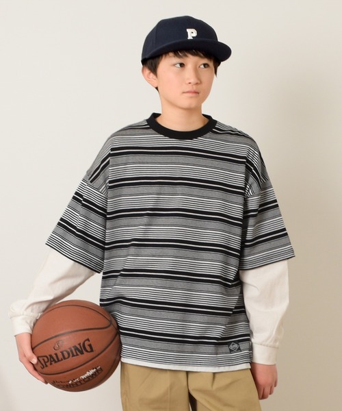 GLAZOS（グラソス）の「袖レイヤードボーダー長袖Tシャツ（Tシャツ/カットソー・キッズ・グレー/ブルー/ブラック・170cm/160cm/140cm/150cm）」の2枚目の写真