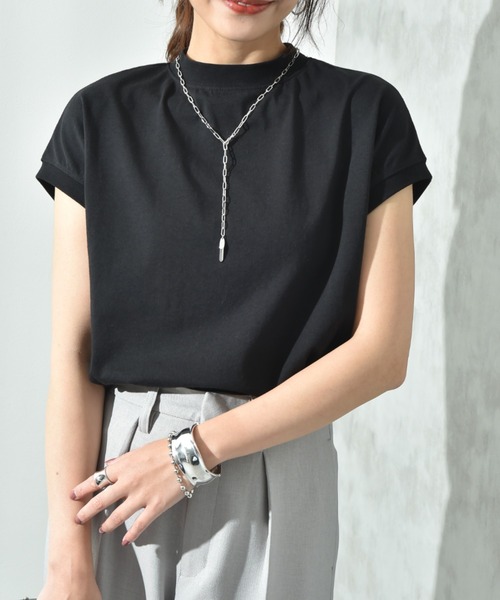 INTERPLANET（インタープラネット）の「度詰めライト天竺フレンチＴシャツ（Tシャツ/カットソー・レディース・グレイッシュベージュ/オフホワイト/ブラック・FREE）」の2枚目の写真