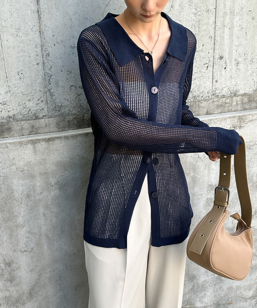 select MOCA（セレクトモカ）の「襟付きメッシュリネンカーディガン（カーディガン/ボレロ・レディース・ネイビー/ミント/ベージュ/ブラック・FREE）」の4枚目の写真