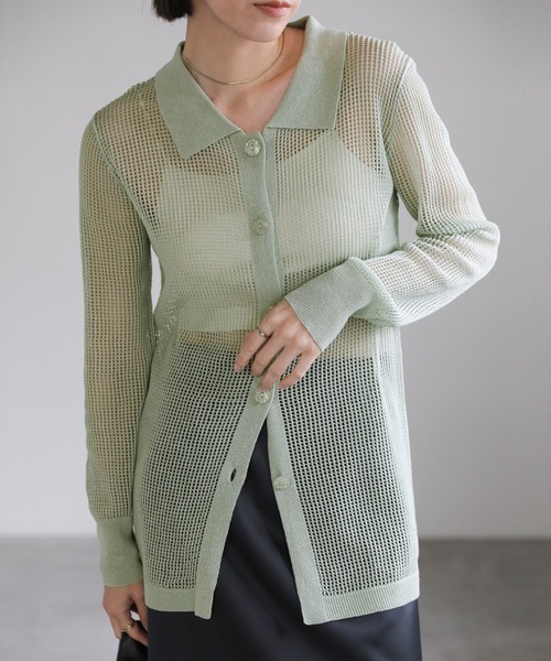 select MOCA（セレクトモカ）の「襟付きメッシュリネンカーディガン（カーディガン/ボレロ・レディース・ネイビー/ミント/ベージュ/ブラック・FREE）」の3枚目の写真