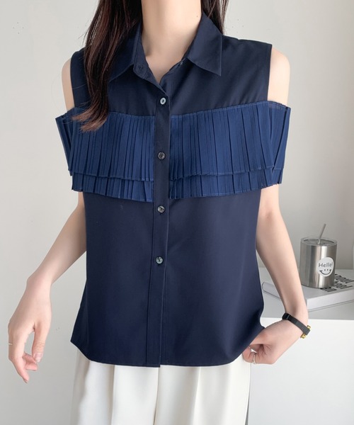 ABITOKYO（アビトーキョー）の「異素材プリーツドッキングシャツブラウス（シャツ/ブラウス・レディース・ホワイト/ブラック/ネイビー/ブルー・M/L）」の13枚目の写真
