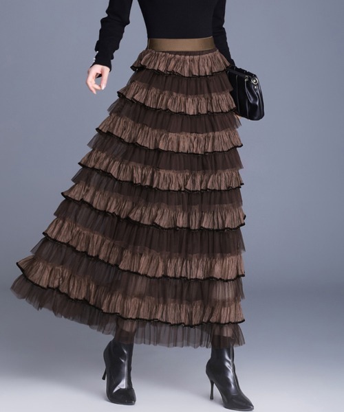 Doux Belle（ドゥーベル）の「フリルチュールロングスカート（スカート・レディース・ベージュ/ブラック/ダークブラウン/キャメル/ピンク/パープル・FREE）」の3枚目の写真