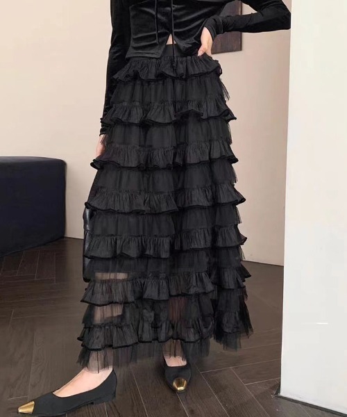 Doux Belle（ドゥーベル）の「フリルチュールロングスカート（スカート・レディース・ベージュ/ブラック/ダークブラウン/キャメル/ピンク/パープル・FREE）」の2枚目の写真