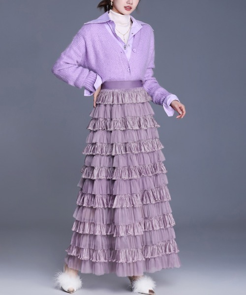 Doux Belle（ドゥーベル）の「フリルチュールロングスカート（スカート・レディース・ベージュ/ブラック/ダークブラウン/キャメル/ピンク/パープル・FREE）」の7枚目の写真